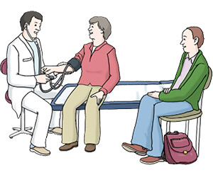 Zeichnung eines Arztes, der einem Patienten den Blutdruck misst