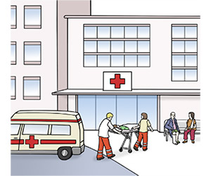 Zeichnung zweier Sanitäter, die eine Kranken auf einer Bahre ins Krankenhaus rollen