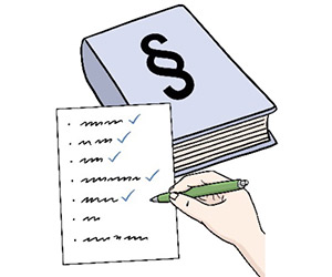 Zeichnung eines Buches mit einem Paragraphen-Symbol auf den Deckel und eine Hand, die eine Liste abhakt