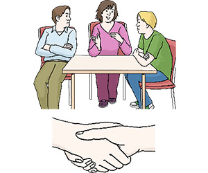Zeichnung von drei Menschen, die um einen Tisch herumsitzen, darunter zwei Hände, die einen Handschlag ausführen